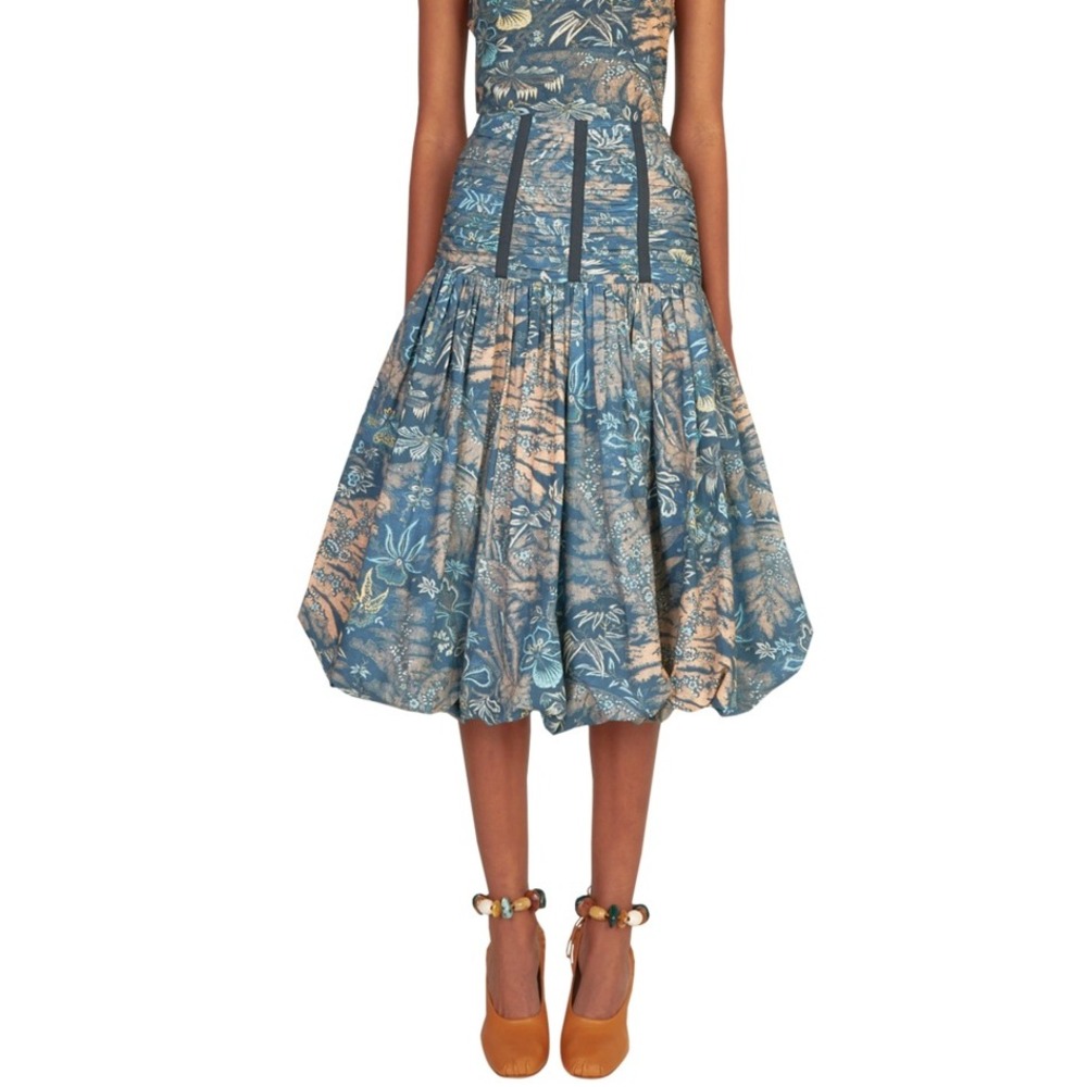 Ulla Johnson Pre Fall 2022 Cotton Paisley Bubble Hem Midi Skirt Teal Size 0 $495